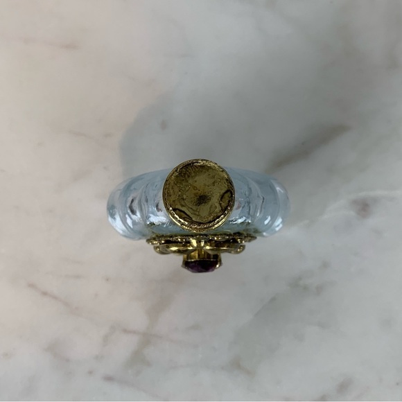 Miniature Glass Perfume Bottle Vintage Ornate Brass Purple Rhinestone Twist Cap - Picture 8 of 13